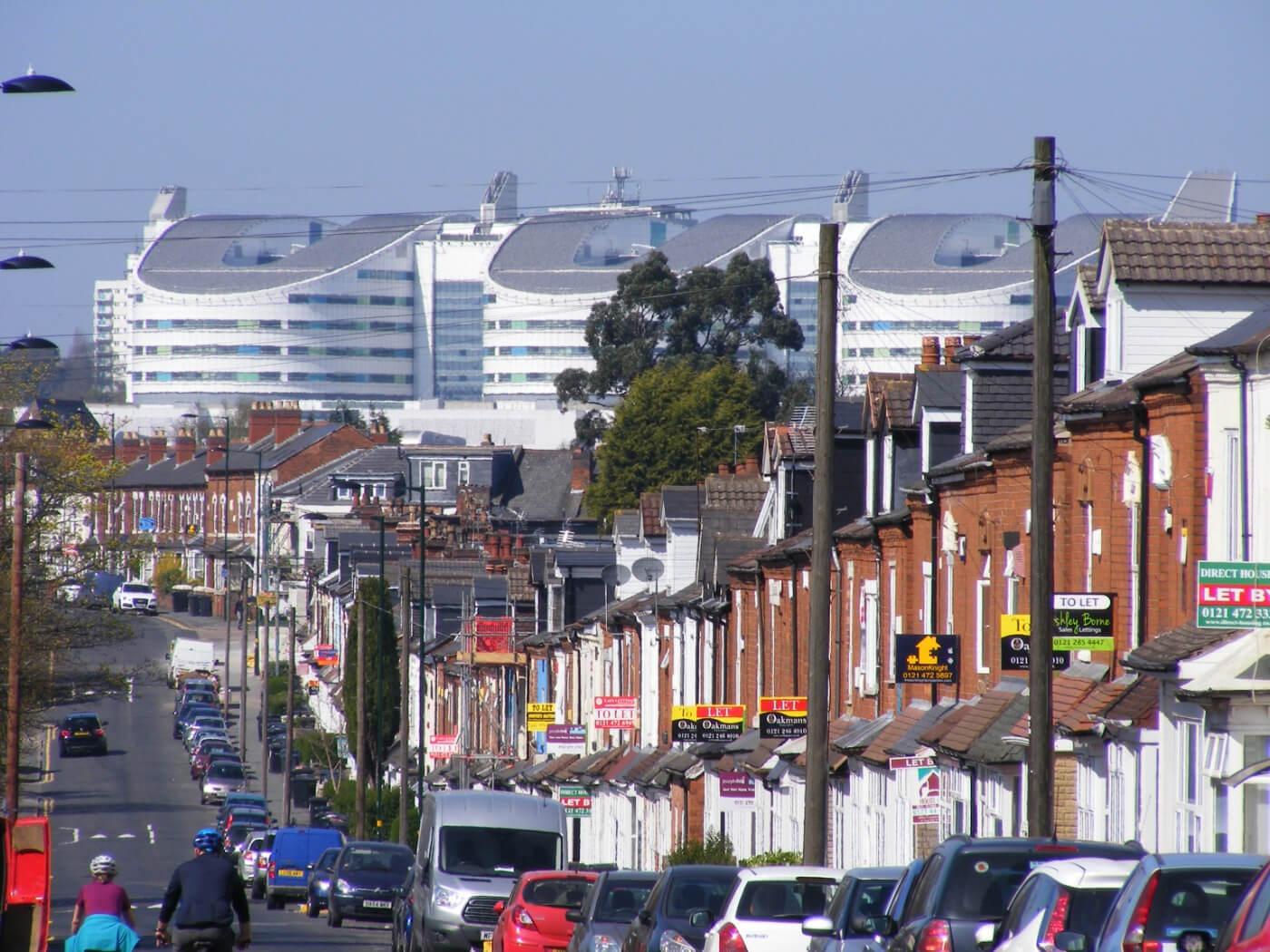 Student Accommodation in Selly Oak, Birmingham - view of Queen Elizabeth Hospital from a street in Selly Oak