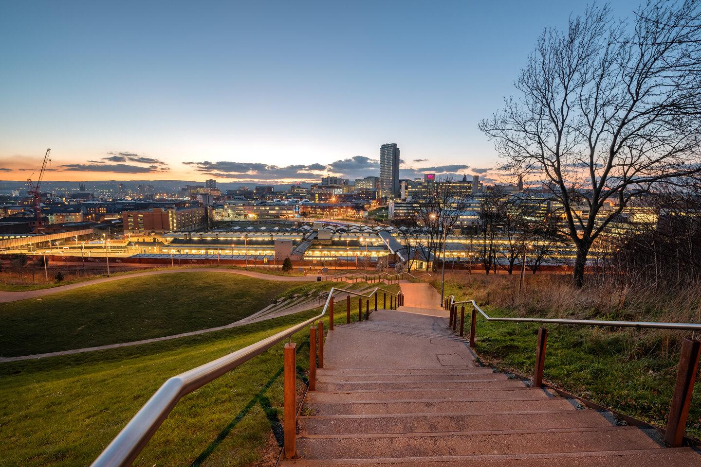 Student Accommodation in Sheffield city centre - view of Sheffield train station and the city centre from above