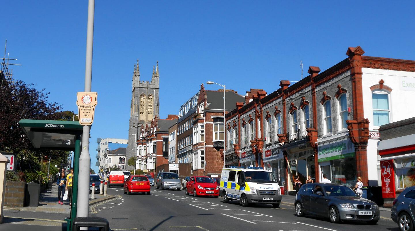 Student Accommodation in North Hill, Plymouth - view up North Hill Road on a sunny day
